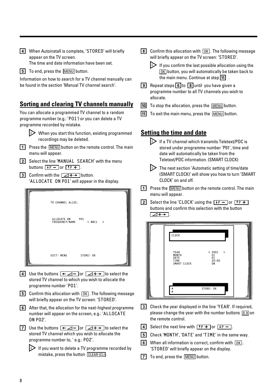 Sorting and clearing tv channels manually, Setting the time and date | Philips 21PV548/07 User Manual | Page 10 / 31