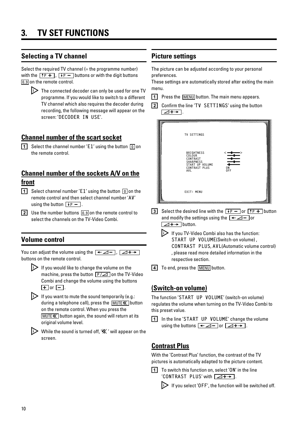 Tv set functions, Selecting a tv channel, Switch-on volume) | Channel number of the scart socket, Channel number of the sockets a/v on the front, Volume control, Picture settings, Contrast plus | Philips 21PV548/07 User Manual | Page 12 / 31