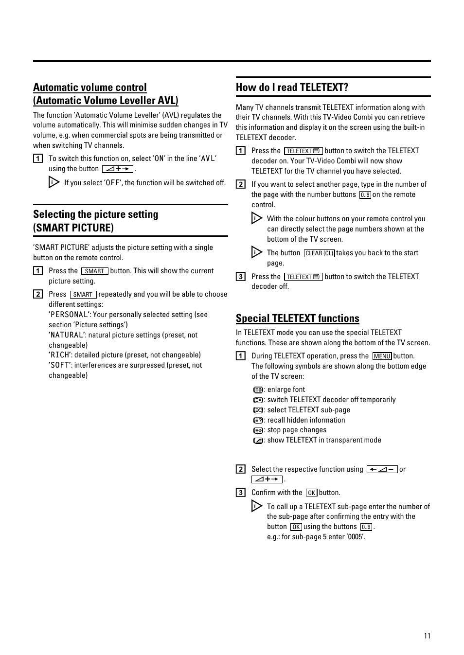 Selecting the picture setting (smart picture), How do i read teletext, Special teletext functions | Philips 21PV548/07 User Manual | Page 13 / 31