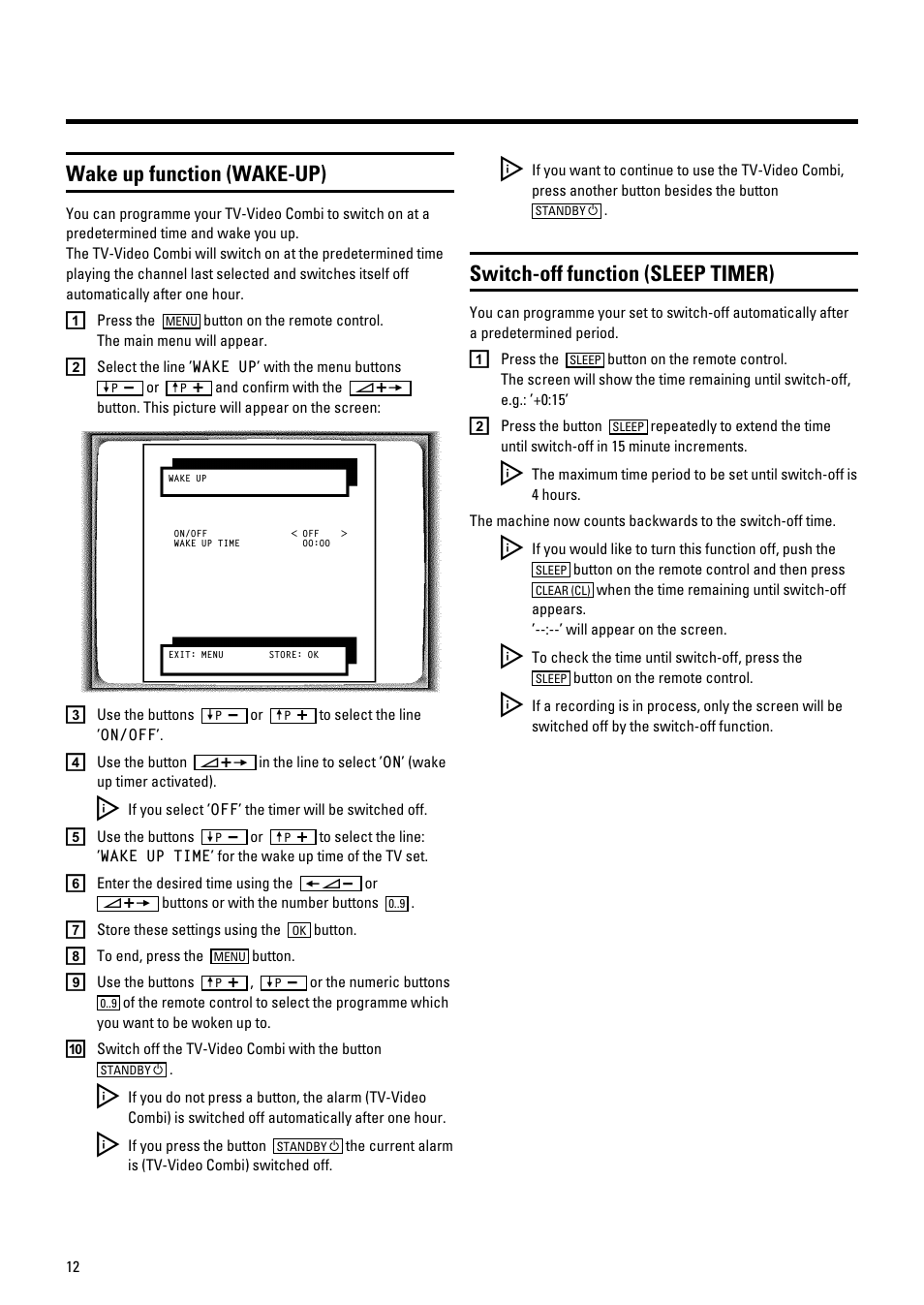 Wake up function (wake-up), Switch-off function (sleep timer) | Philips 21PV548/07 User Manual | Page 14 / 31