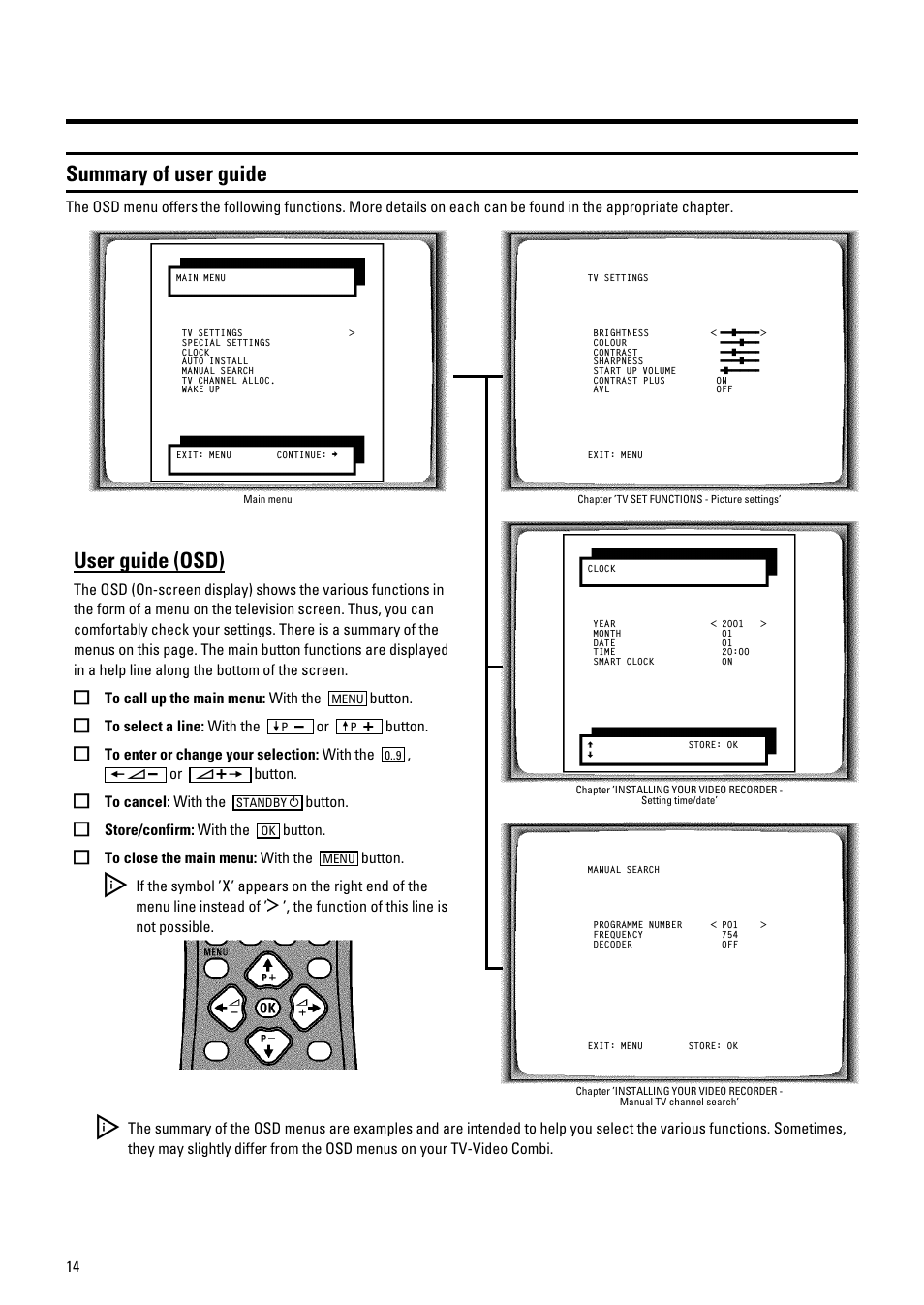 Summary of user guide, User guide (osd), Button. e to select a line: with the | Button. e to cancel: with the, Button. e store/confirm: with the, Button. e to close the main menu: with the | Philips 21PV548/07 User Manual | Page 16 / 31