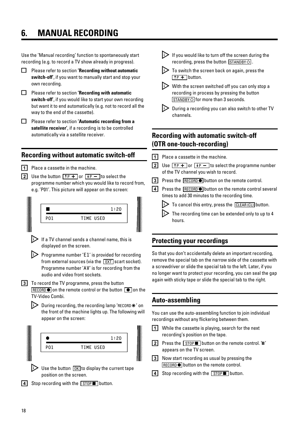 Manual recording, Recording without automatic switch-off, Protecting your recordings | Auto-assembling | Philips 21PV548/07 User Manual | Page 20 / 31