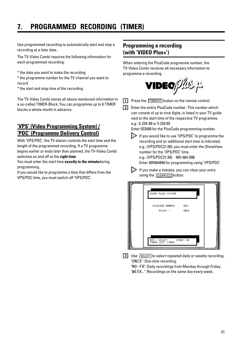 Programmed recording (timer), Programming a recording (with ’video plus+’) | Philips 21PV548/07 User Manual | Page 23 / 31