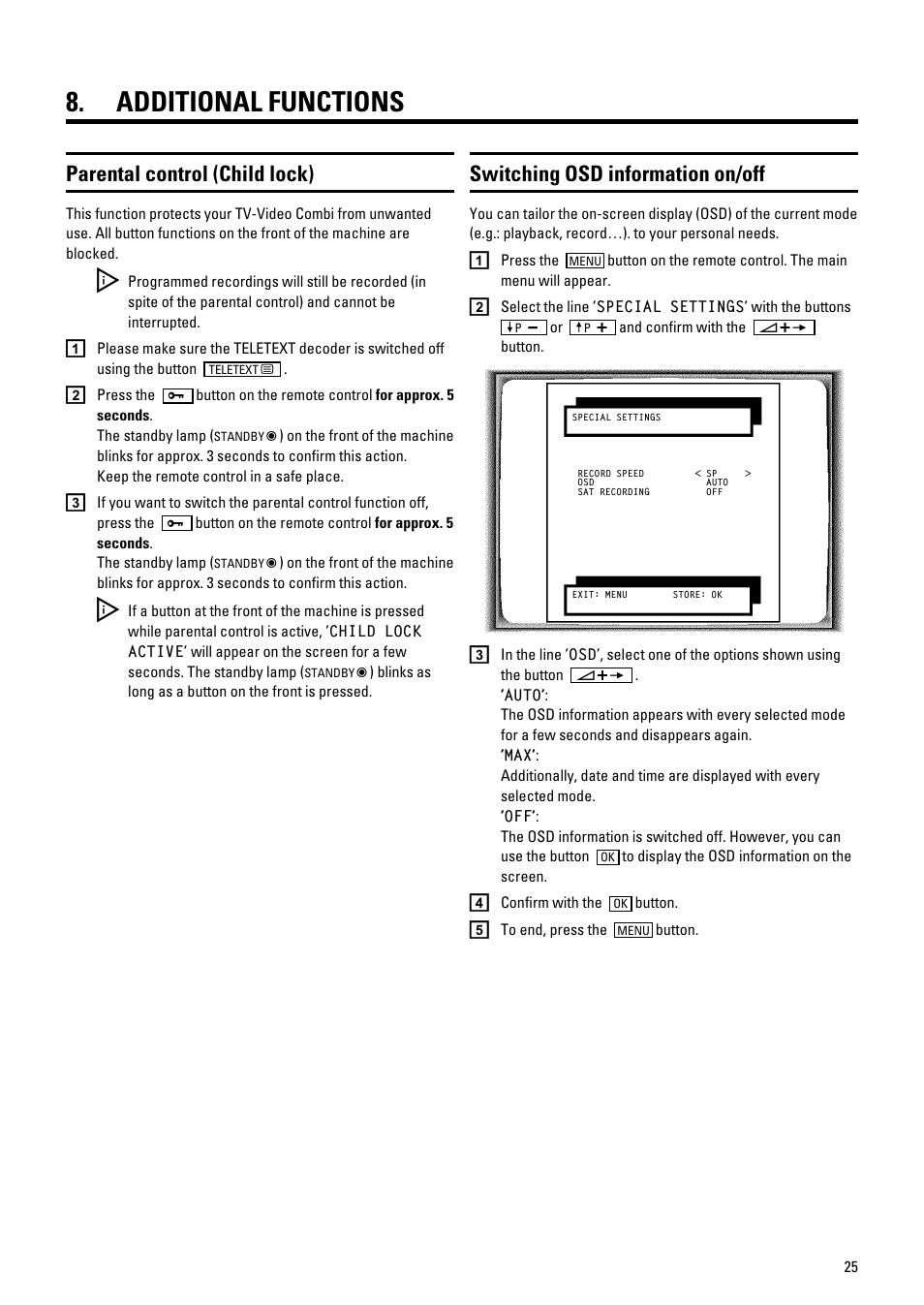 Additional functions, Parental control (child lock), Switching osd information on/off | Philips 21PV548/07 User Manual | Page 27 / 31