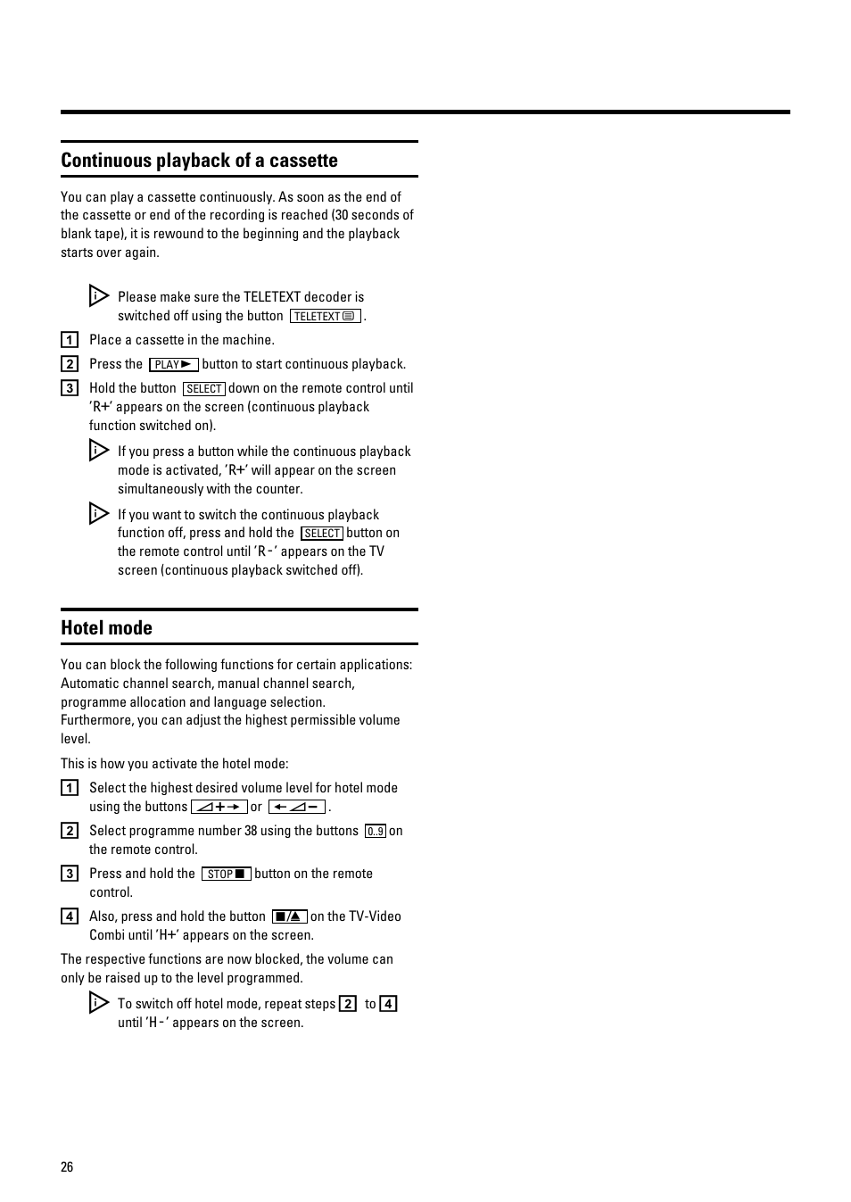 Continuous playback of a cassette, Hotel mode | Philips 21PV548/07 User Manual | Page 28 / 31