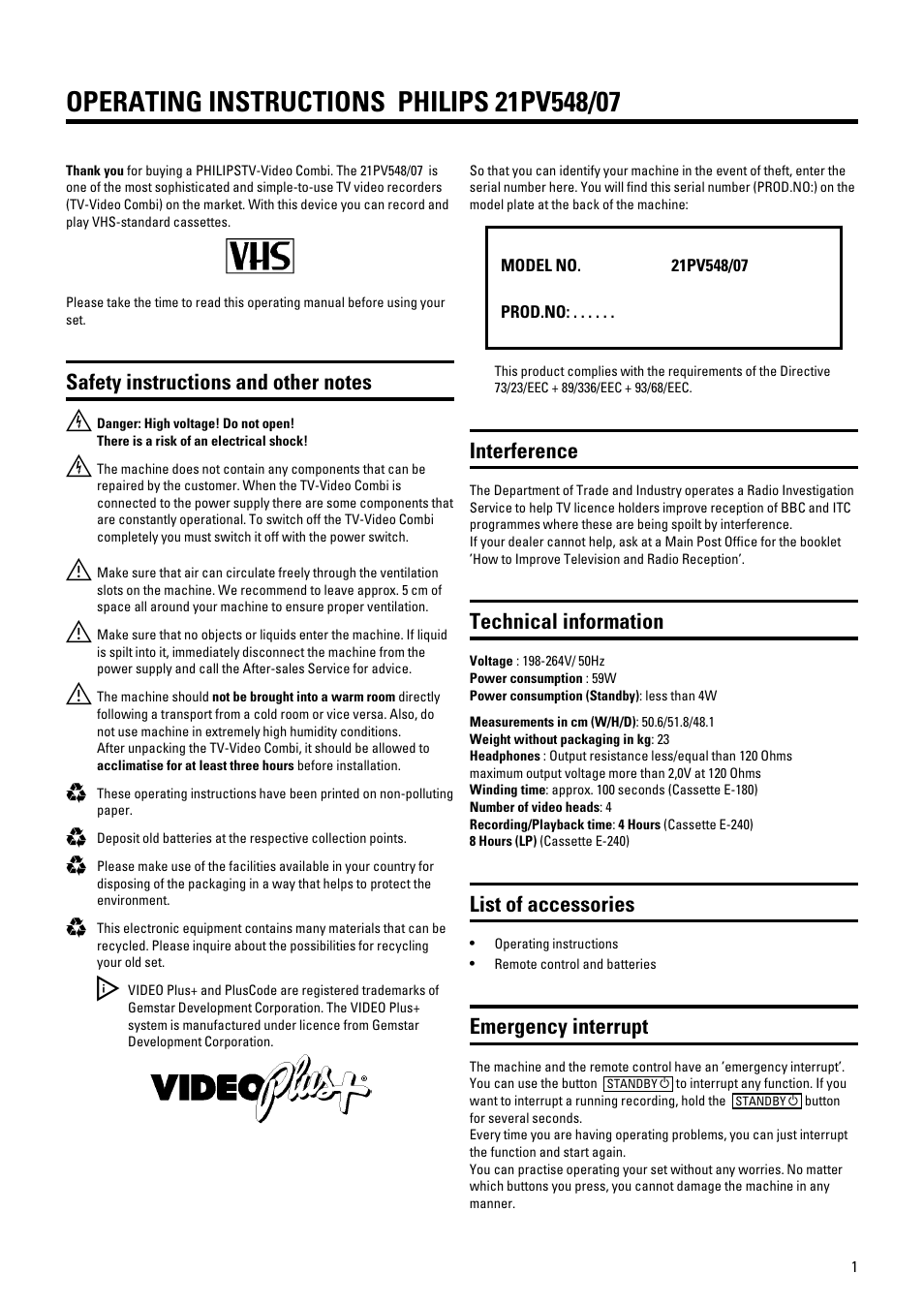 Interference, Technical information, List of accessories | Emergency interrupt | Philips 21PV548/07 User Manual | Page 4 / 31