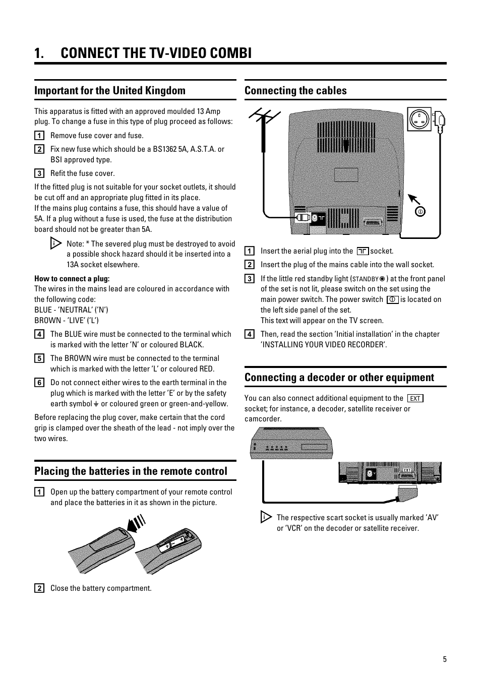 Connect the tv-video combi, Placing the batteries in the remote control, Connecting the cables | Connecting a decoder or other equipment, Important for the united kingdom | Philips 21PV548/07 User Manual | Page 7 / 31