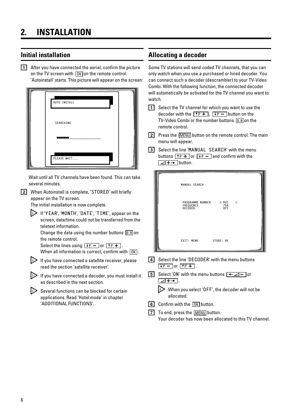 Installation, Initial installation, Allocating a decoder | Philips 21PV548/07 User Manual | Page 8 / 31