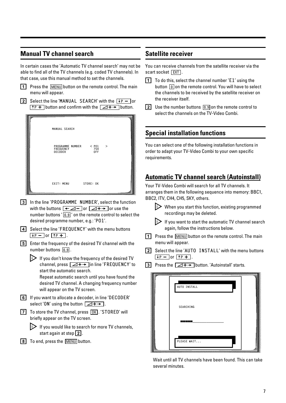 Manual tv channel search, Satellite receiver, Special installation functions | Automatic tv channel search (autoinstall) | Philips 21PV548/07 User Manual | Page 9 / 31