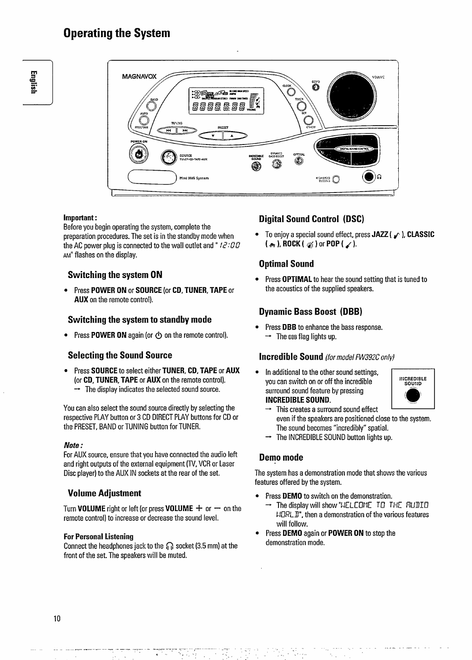 Operating the system, Important, For personal listening | Nuilio | Philips FW391C User Manual | Page 12 / 26