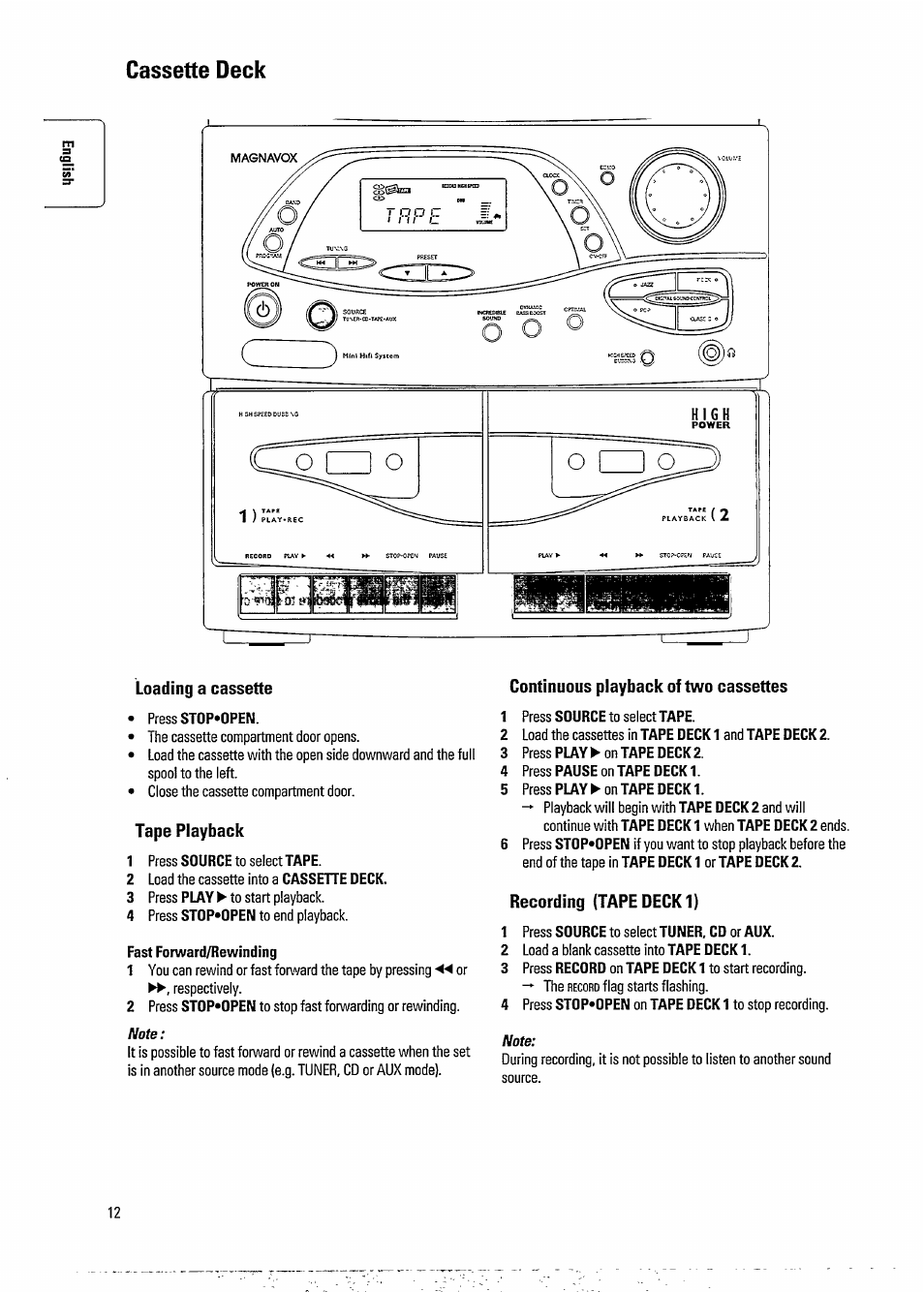 Cassette deck, Fast forward/rewinding | Philips FW391C User Manual | Page 14 / 26