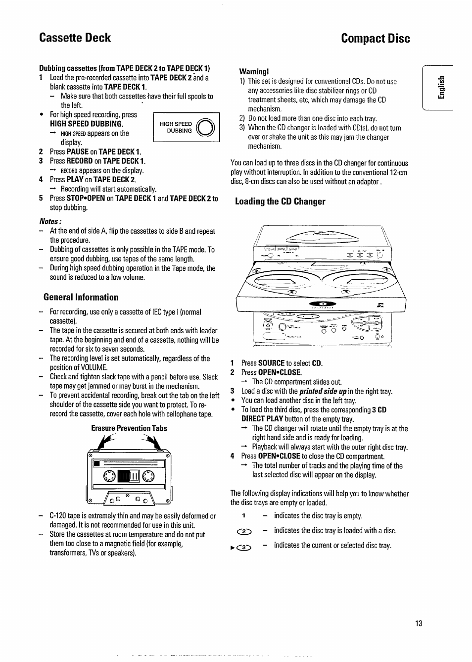 Compact disc, 2 press pause on tape deck 1, 3 press recdrd on tape deck 1 | 4 press play on tape deck 2, Erasure prevention tabs, Warning, Cassette deck compact disc, Printed side up | Philips FW391C User Manual | Page 15 / 26