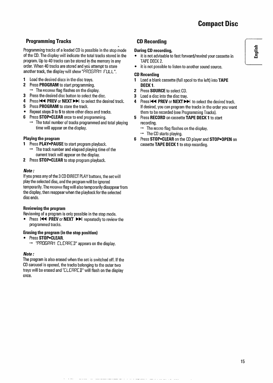 Compact disc, Playing the program, Reviewing the program | During cd recording, Prubrrt'l full, Tlfrre | Philips FW391C User Manual | Page 17 / 26