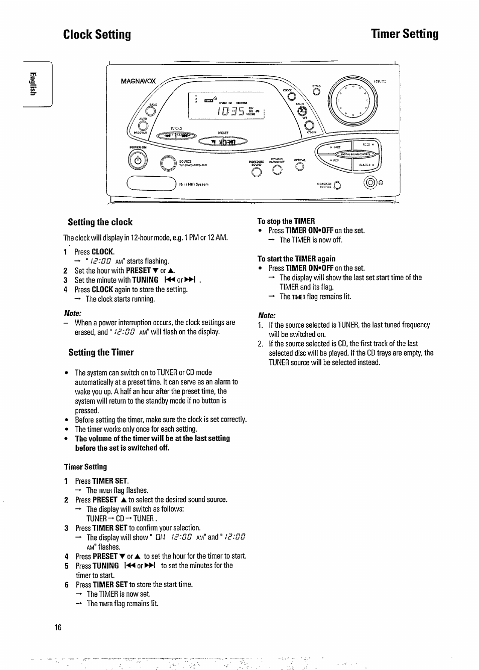 Clock setting, Timer setting, To stop the timer | To start the timer again, 1 press timer set, Clock setting timer setting, Nf.’lju, Lc':ou, Lc':clu | Philips FW391C User Manual | Page 18 / 26