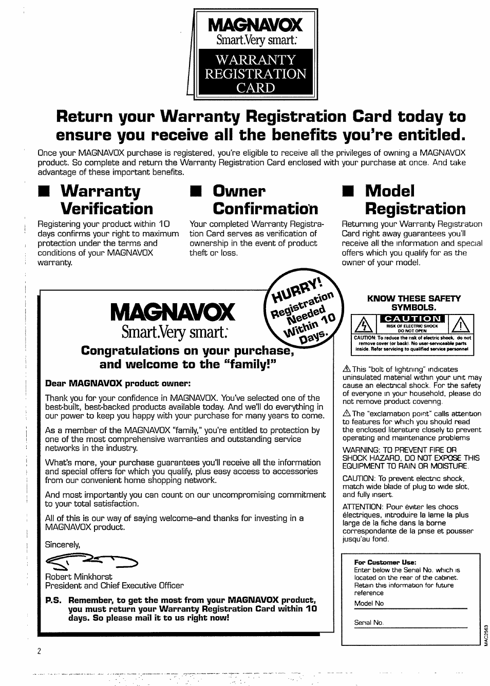 Magnavœc, Dear magnavox product owner, Know these safety symbols | Magnavox, Warranty verification, Owner confirmation, Model registration, Smart.very smart, Your, Purchase and welcome to the “family | Philips FW391C User Manual | Page 2 / 26