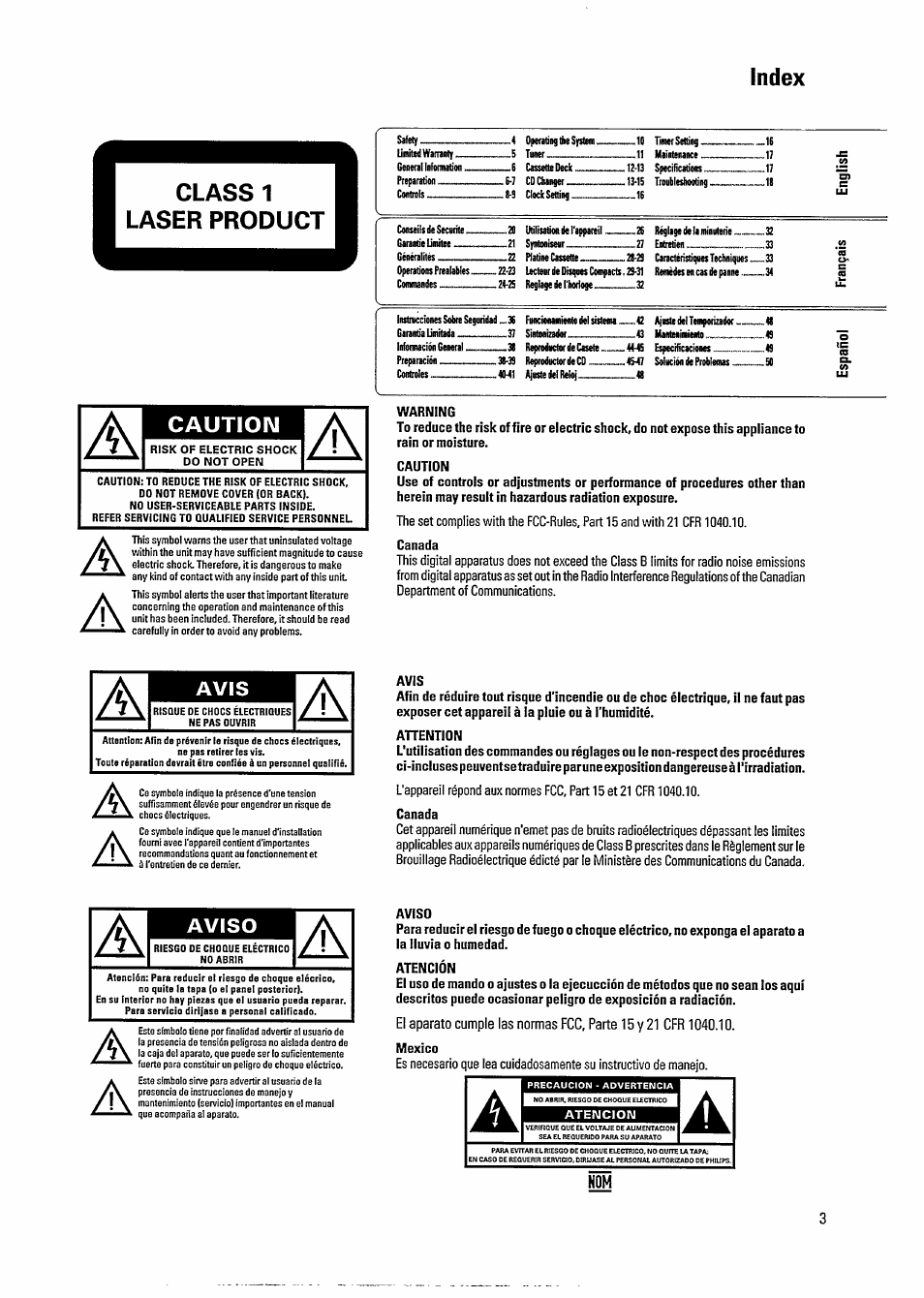 Index, Index caution, Avis | Philips FW391C User Manual | Page 5 / 26