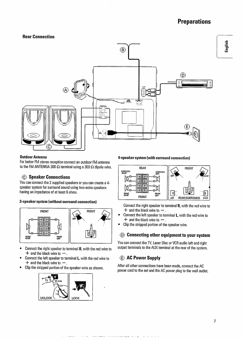 Preparations, Outdoor antenna, Speaker system (without surround connection) | Philips FW391C User Manual | Page 9 / 26