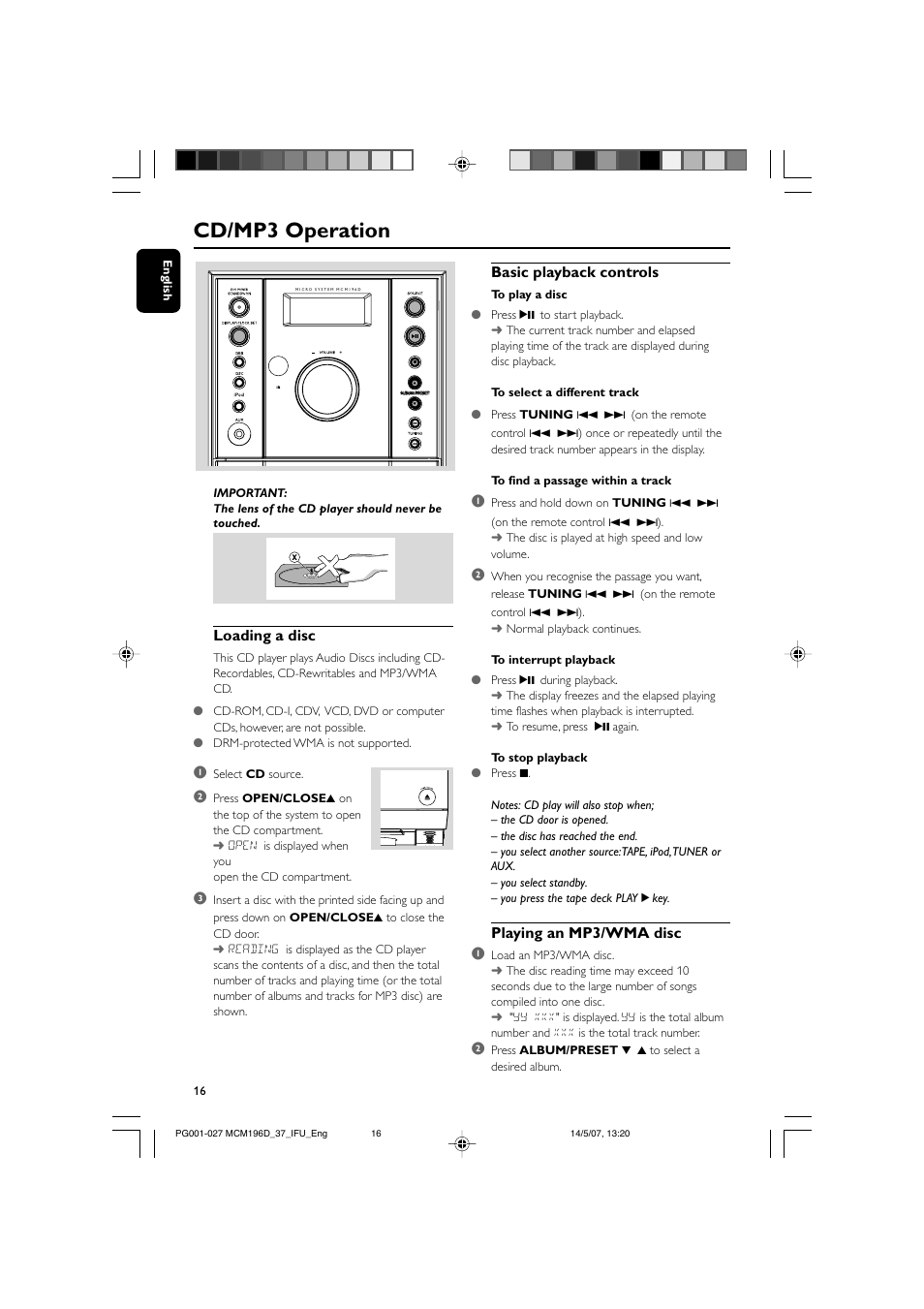 Cd/mp3 operation, Basic playback controls, Playing an mp3/wma disc 1 | Loading a disc | Philips MCM196D User Manual | Page 16 / 28