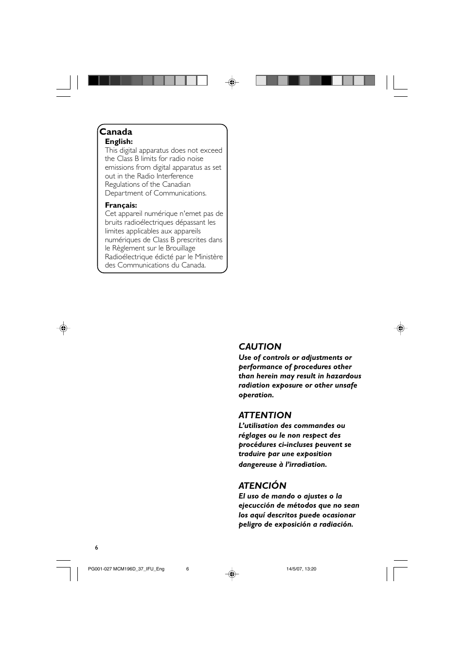 Canada, Caution, Attention | Atención | Philips MCM196D User Manual | Page 6 / 28