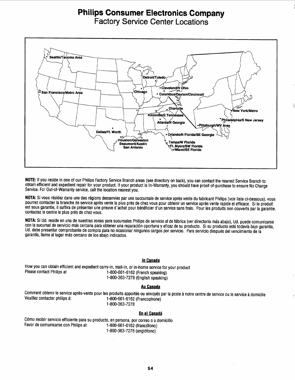 Factory service center locations, Philips consumer electronics company | Philips Magnavox 7P5441C199 User Manual | Page 54 / 56