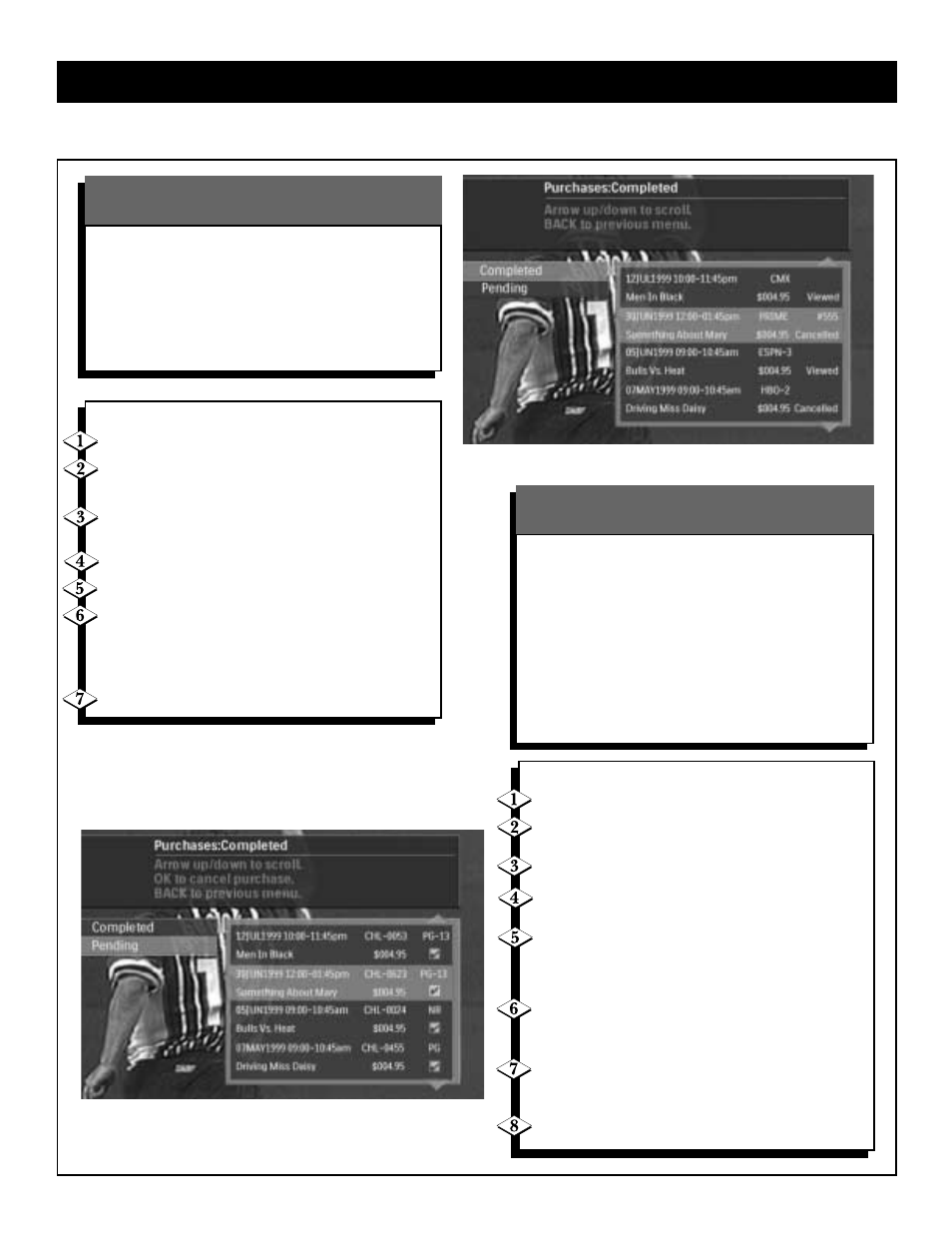 Urchases, Completed purchases, Pending purchases | Philips DSX 5150 User Manual | Page 36 / 43