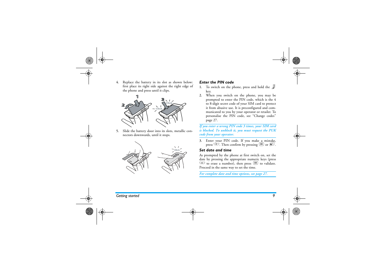 Enter the pin code, Set date and time, Enter the pin code set date and time | Philips 330 User Manual | Page 11 / 79