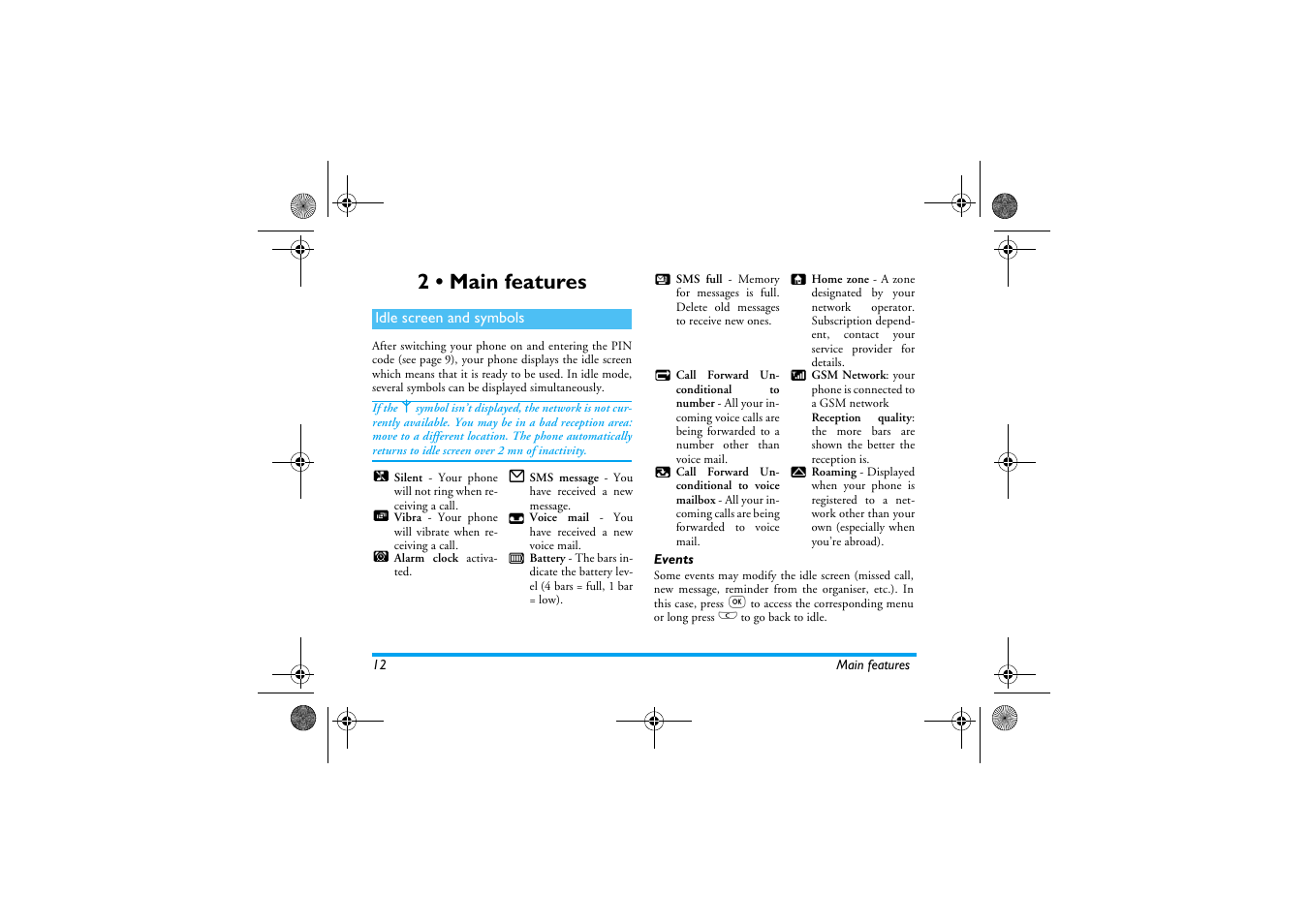 2 • main features, Idle screen and symbols, Events | Main features | Philips 330 User Manual | Page 14 / 79