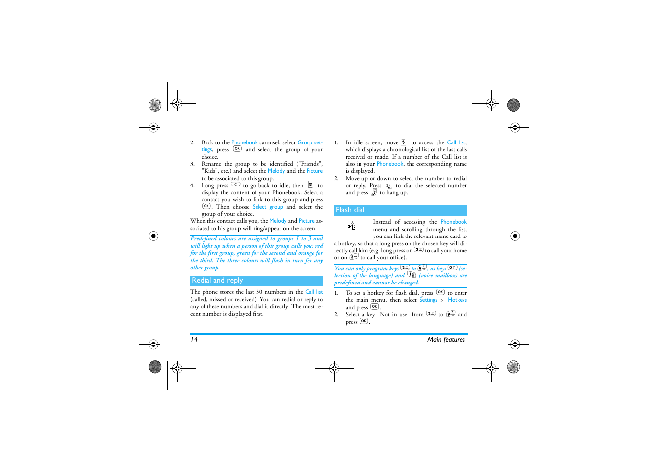 Redial and reply, Flash dial | Philips 330 User Manual | Page 16 / 79