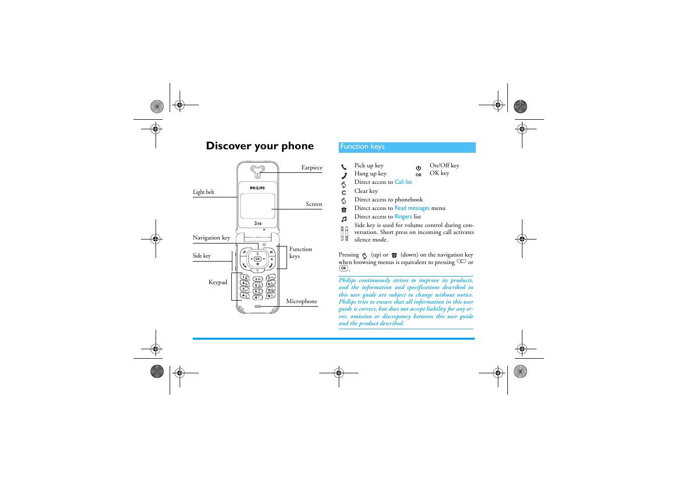 Discover your phone, Function keys | Philips 330 User Manual | Page 2 / 79