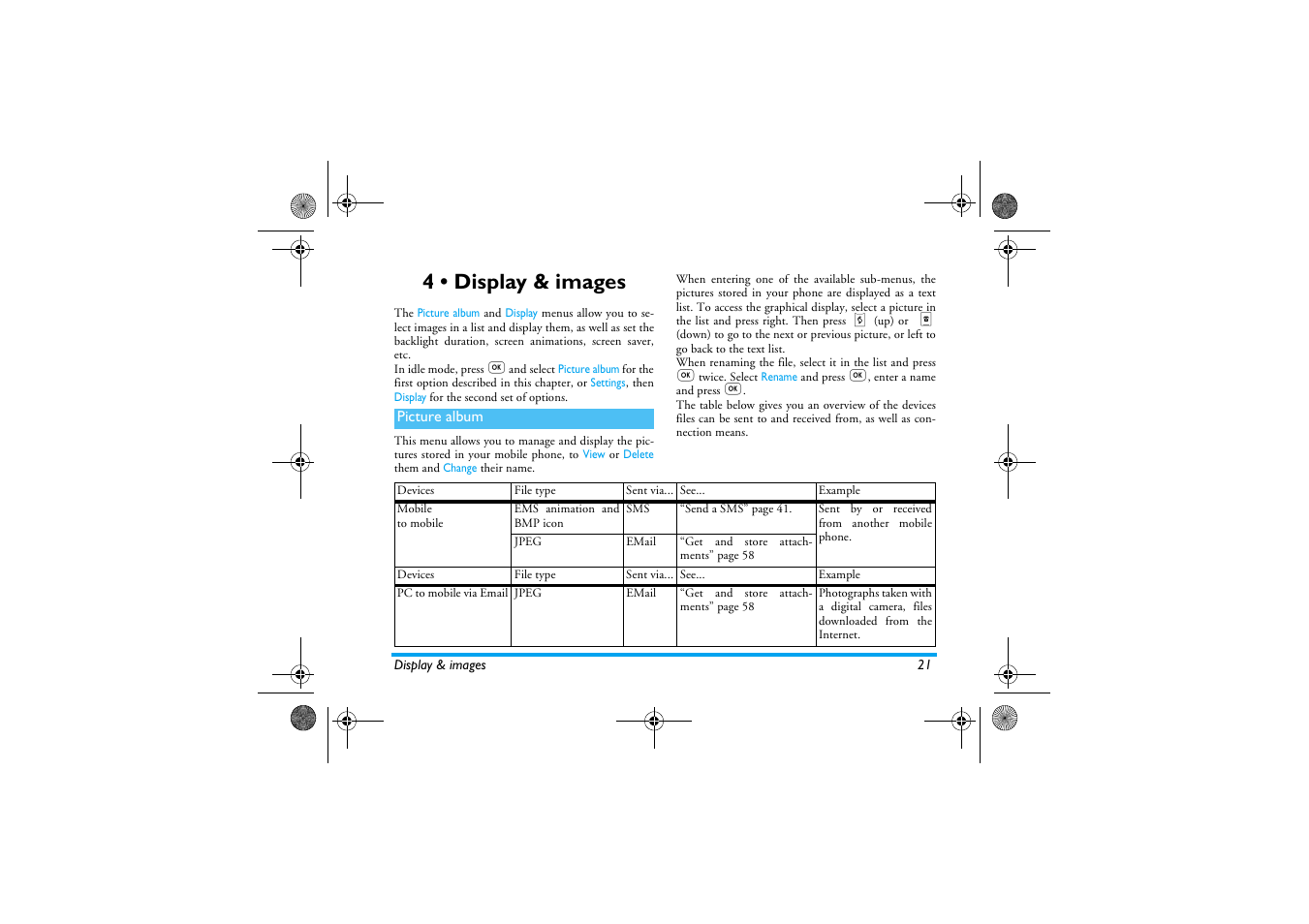 4 • display & images, Picture album, Display & images | Picture album p21 | Philips 330 User Manual | Page 23 / 79