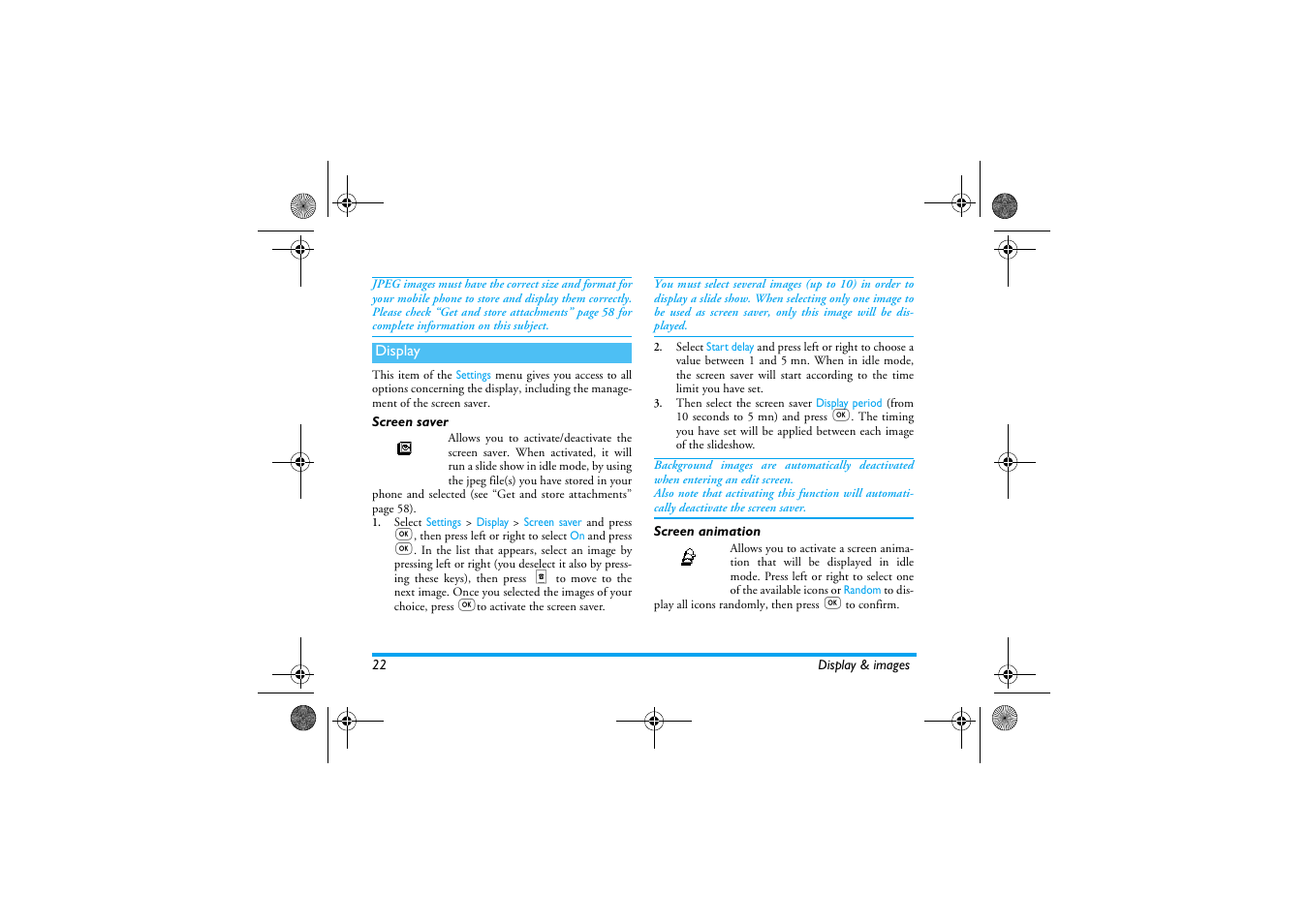 Display, Screen saver, Screen animation | Screen saver screen animation, Display p22, Screen animation / co | Philips 330 User Manual | Page 24 / 79