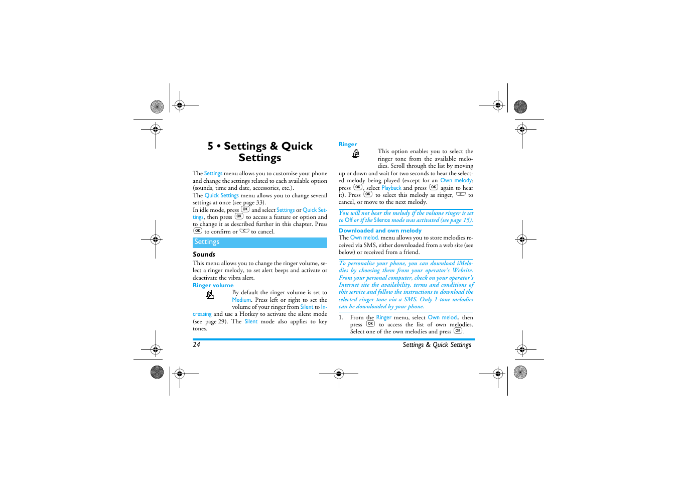 5 • settings & quick settings, Settings, Sounds | Ringer volume, Ringer, Downloaded and own melody, Settings & quick settings, Settings p24, Sounds p24, Ringer / ringer volume | Philips 330 User Manual | Page 26 / 79