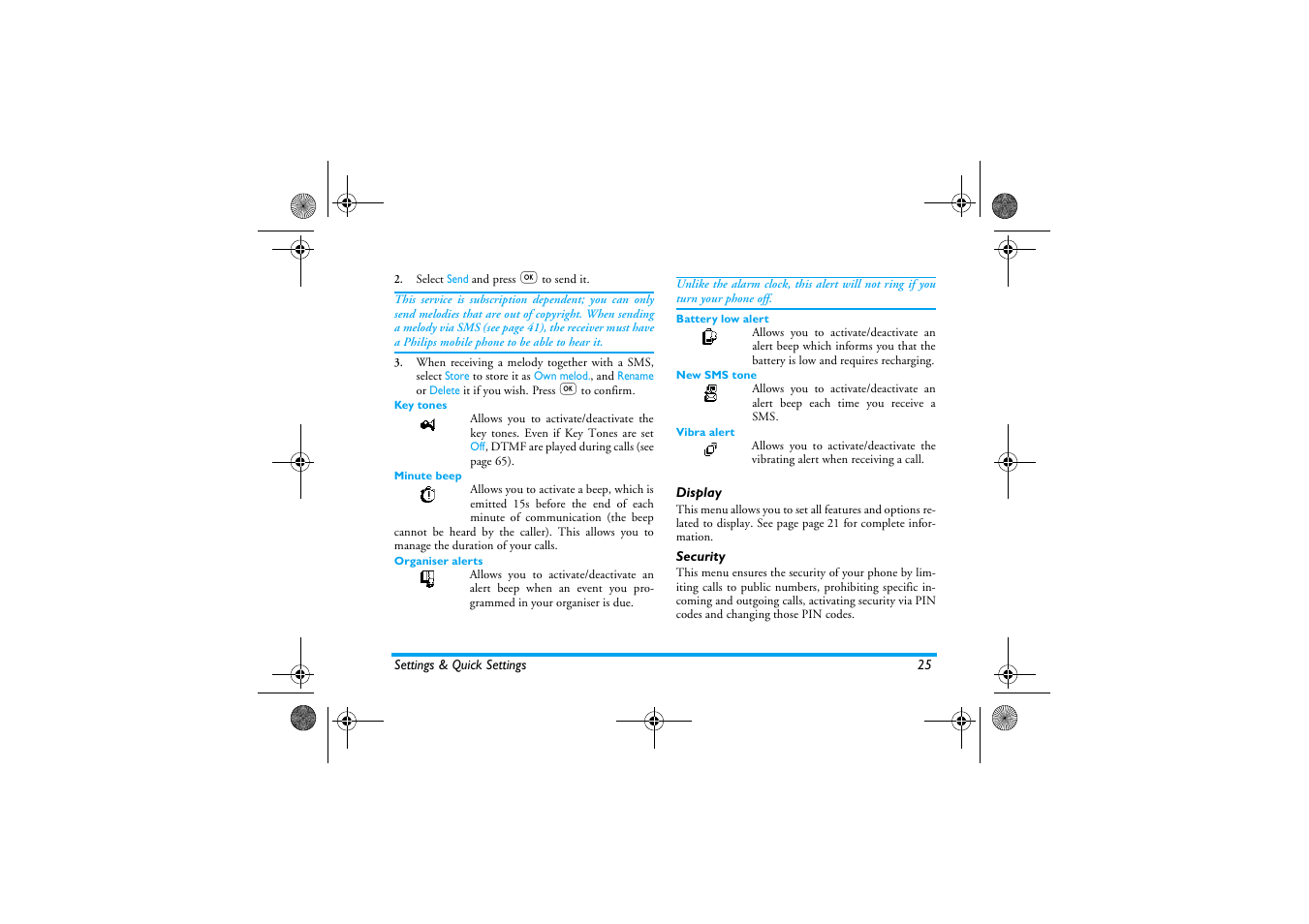 Key tones, Minute beep, Organiser alerts | Battery low alert, New sms tone, Vibra alert, Display, Security, Display security, Security p25 | Philips 330 User Manual | Page 27 / 79