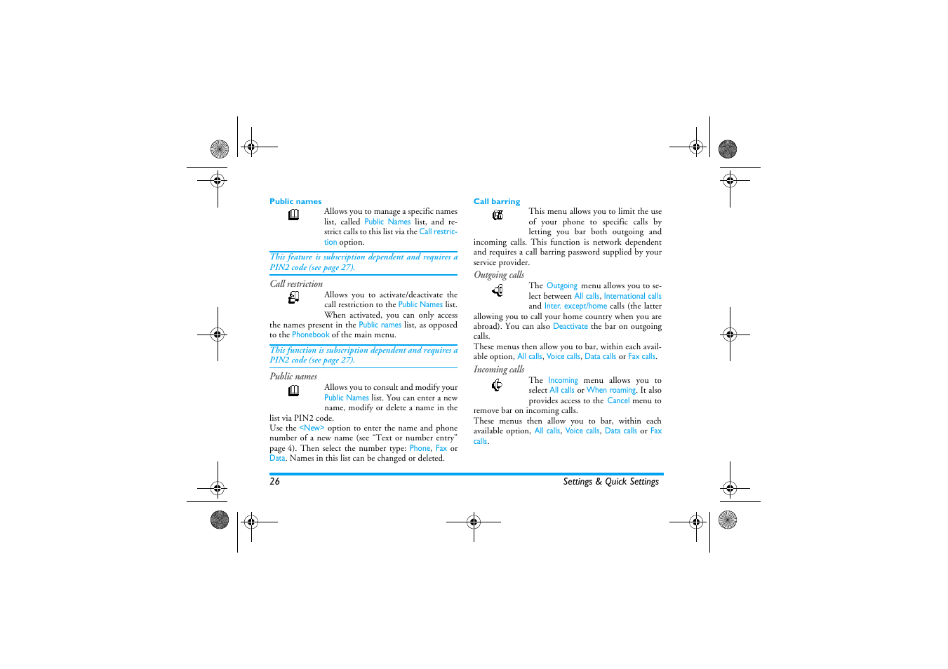 Public names, Call barring | Philips 330 User Manual | Page 28 / 79