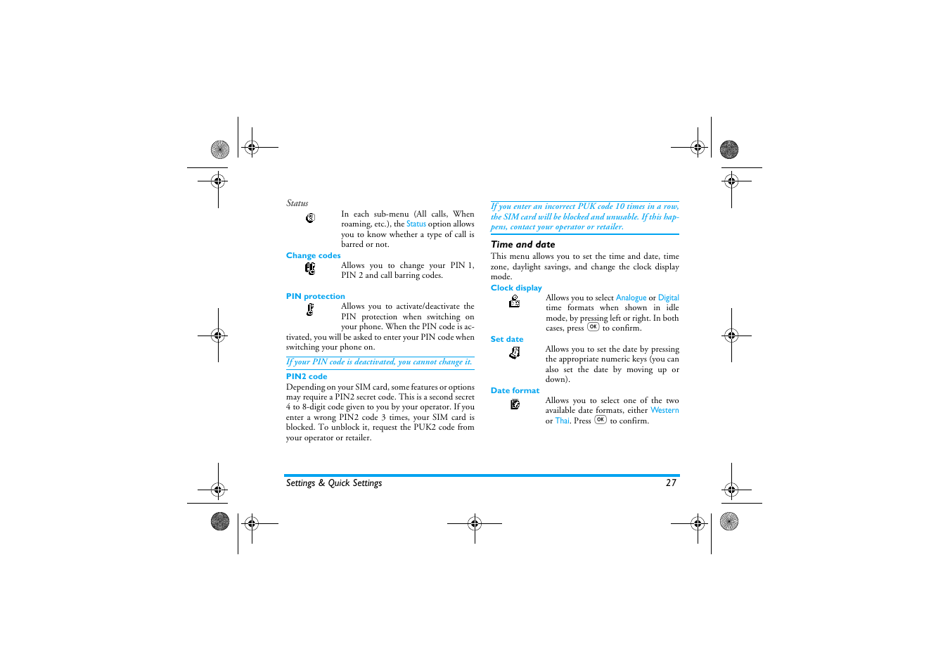 Change codes, Pin protection, Pin2 code | Time and date, Clock display, Set date, Date format, Time and date p27, Set date / date format | Philips 330 User Manual | Page 29 / 79