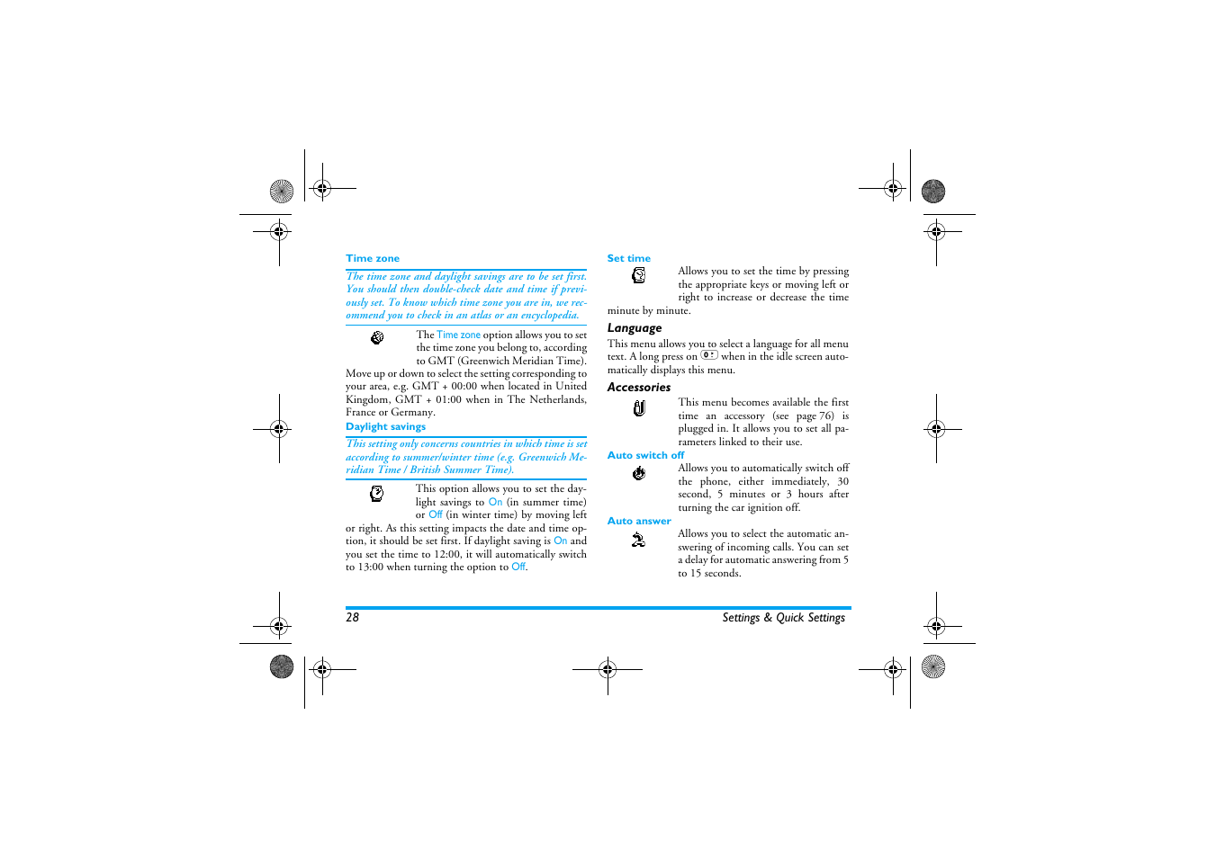 Time zone, Daylight savings, Set time | Language, Accessories, Auto switch off, Auto answer, Language accessories, Language p28, Accessories p28 | Philips 330 User Manual | Page 30 / 79