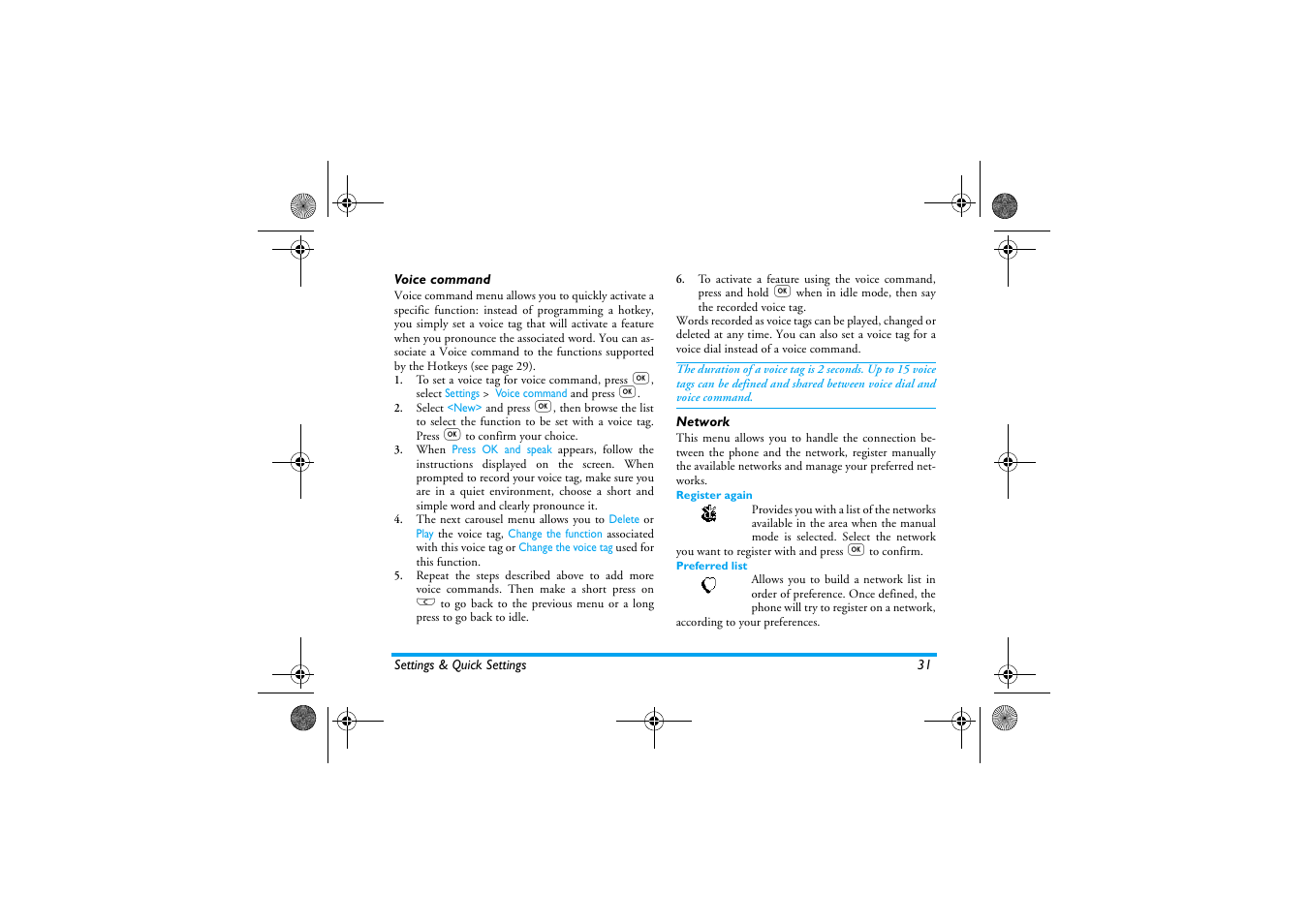 Voice command, Network, Register again | Preferred list, Voice command network, Voice command p31, Network p31, Register again / preferred list | Philips 330 User Manual | Page 33 / 79