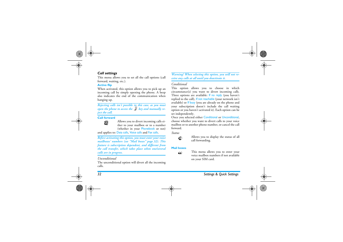 Call settings, Active flip, Call forward | Mail boxes, Call settings p32, Call forward / a | Philips 330 User Manual | Page 34 / 79