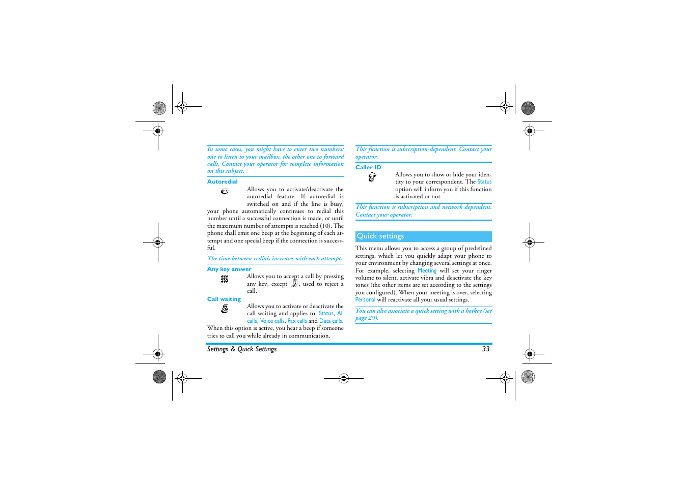 Autoredial, Any key answer, Call waiting | Caller id, Quick settings, Utoredial / any key answer, Quick settings p33 | Philips 330 User Manual | Page 35 / 79