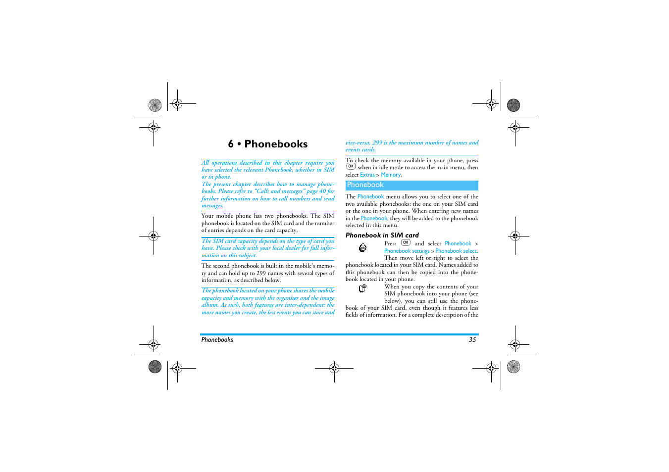 6 • phonebooks, Phonebook, Phonebook in sim card | Phonebooks, Phonebooks p35 | Philips 330 User Manual | Page 37 / 79