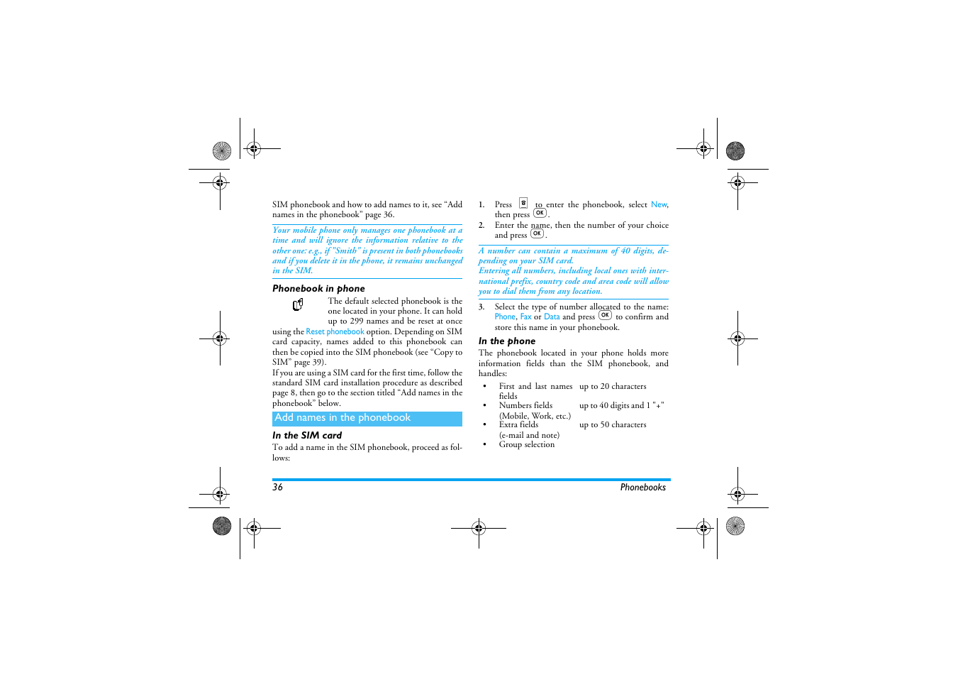 Phonebook in phone, Add names in the phonebook, In the sim card | In the phone, In the sim card in the phone | Philips 330 User Manual | Page 38 / 79