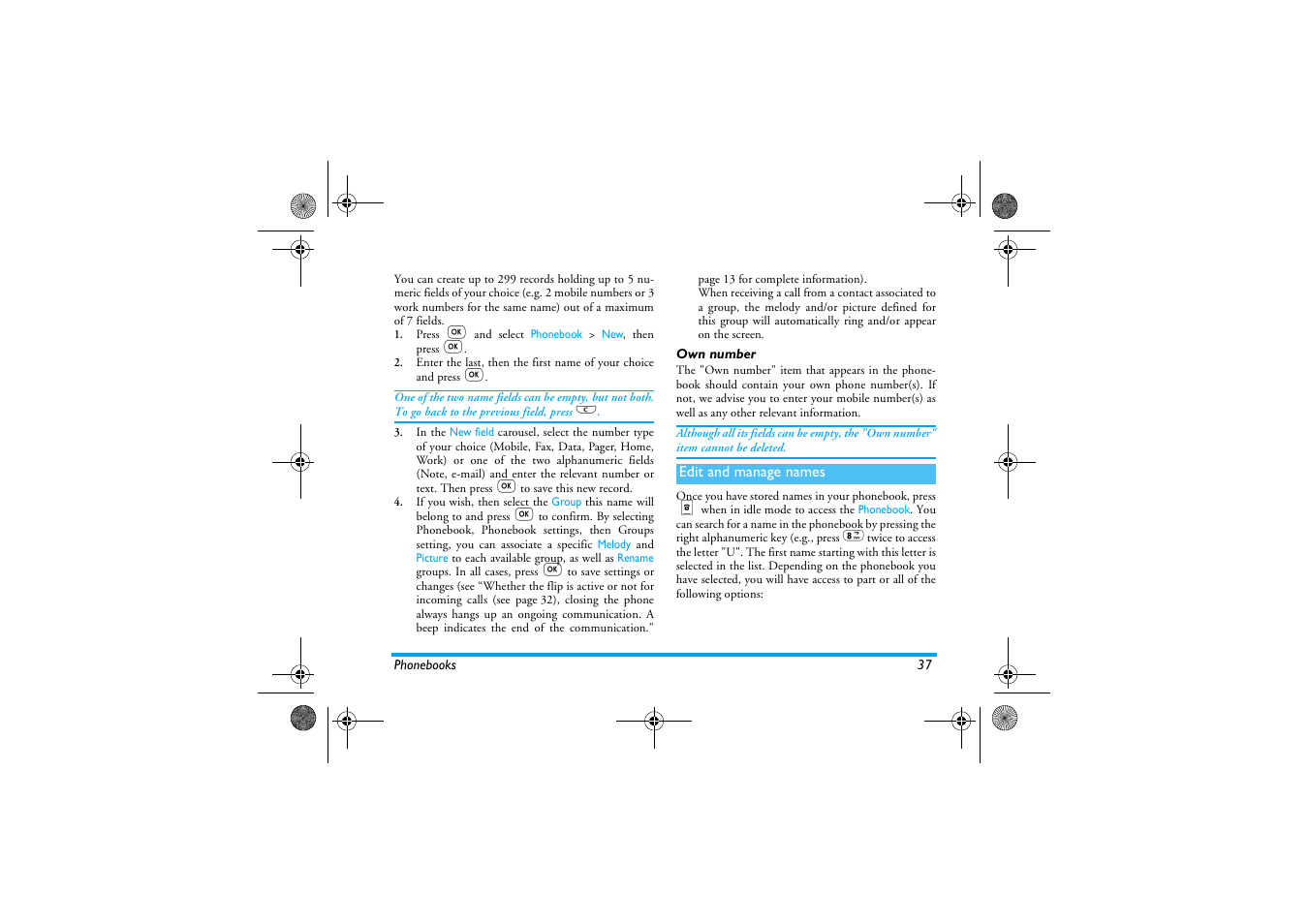 Own number, Edit and manage names | Philips 330 User Manual | Page 39 / 79