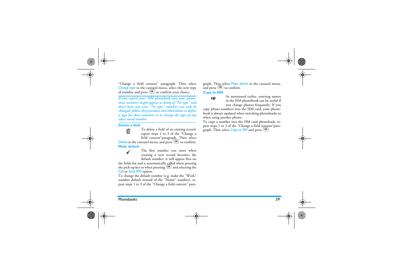 Delete a field, Make default, Copy to sim | Philips 330 User Manual | Page 41 / 79