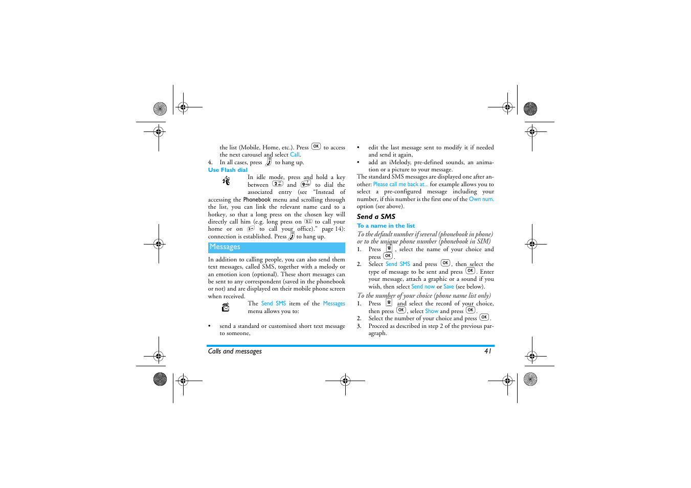 Use flash dial, Messages, Send a sms | To a name in the list, Messages p41, Send a sms p41 | Philips 330 User Manual | Page 43 / 79