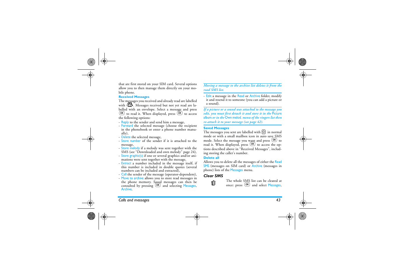 Received messages, Saved messages, Delete all | Clear sms, Saved messages / delete all | Philips 330 User Manual | Page 45 / 79