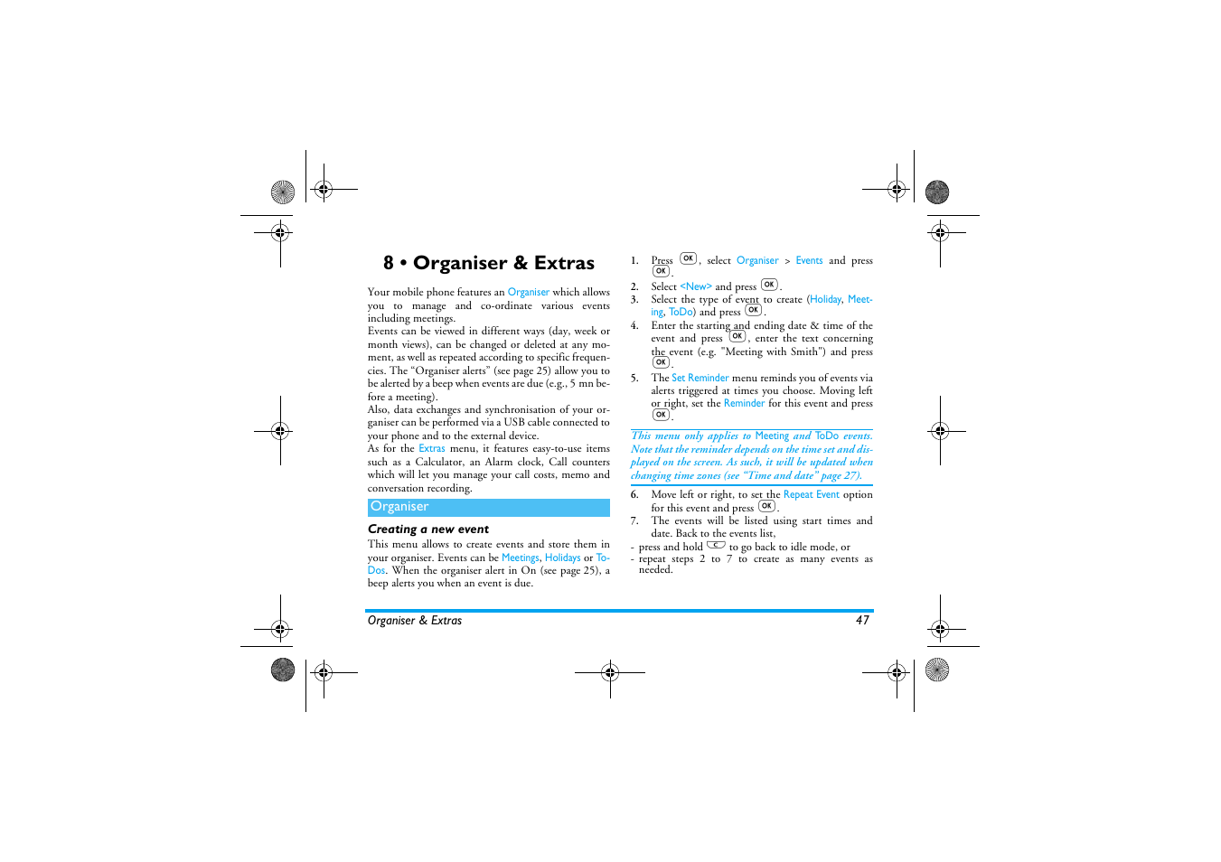 8 • organiser & extras, Organiser, Creating a new event | Organiser & extras, Organiser p47 | Philips 330 User Manual | Page 49 / 79