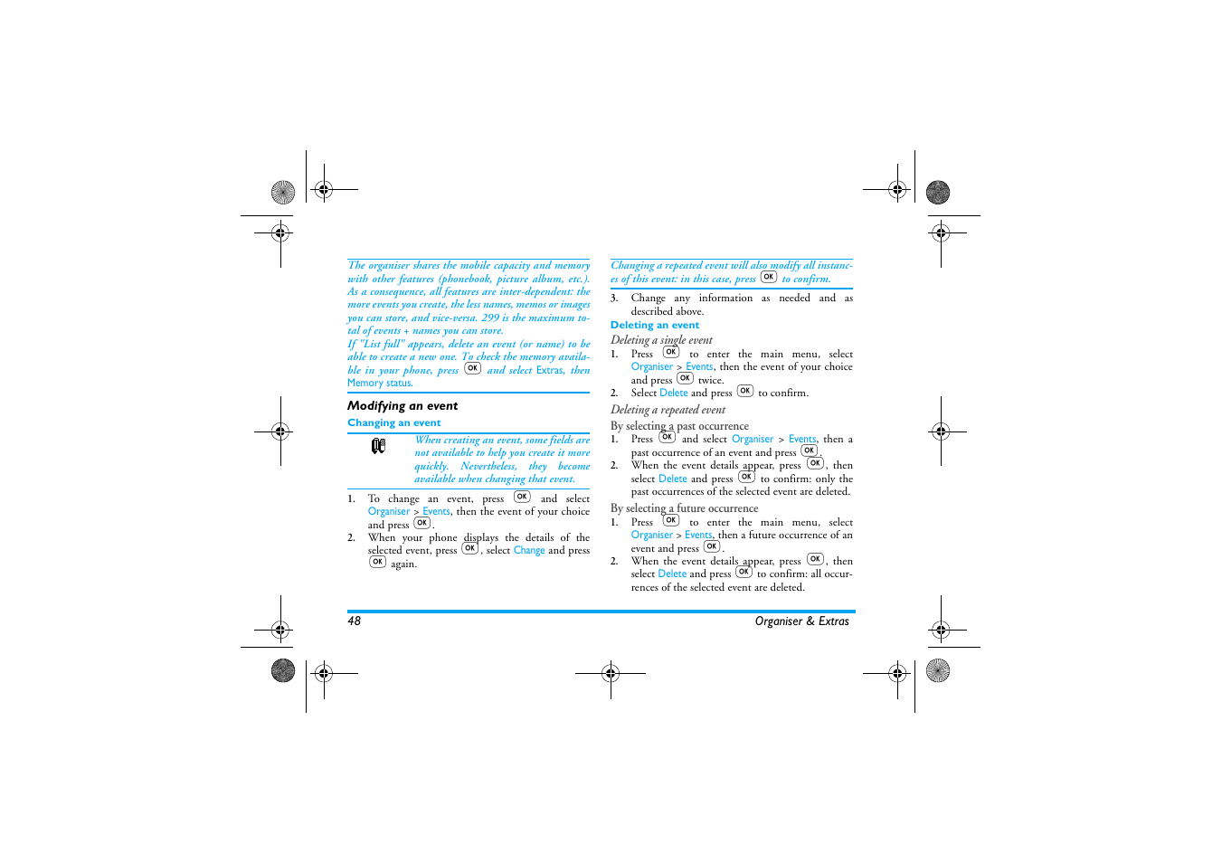 Modifying an event, Changing an event, Deleting an event | Philips 330 User Manual | Page 50 / 79