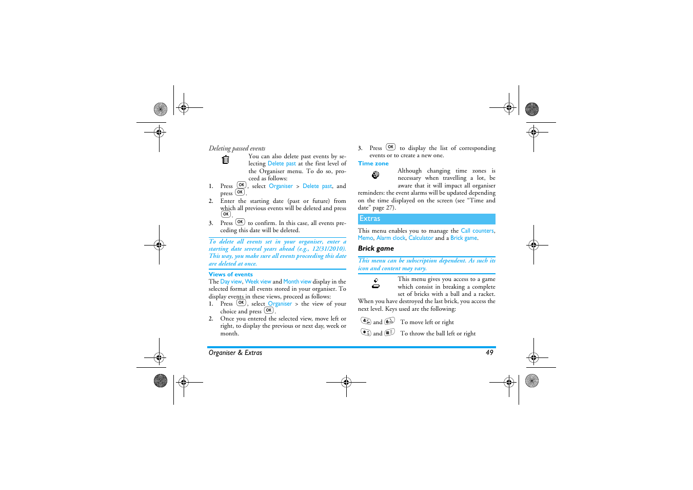 Views of events, Time zone, Extras | Brick game, Extras p49, Brick game p49 | Philips 330 User Manual | Page 51 / 79