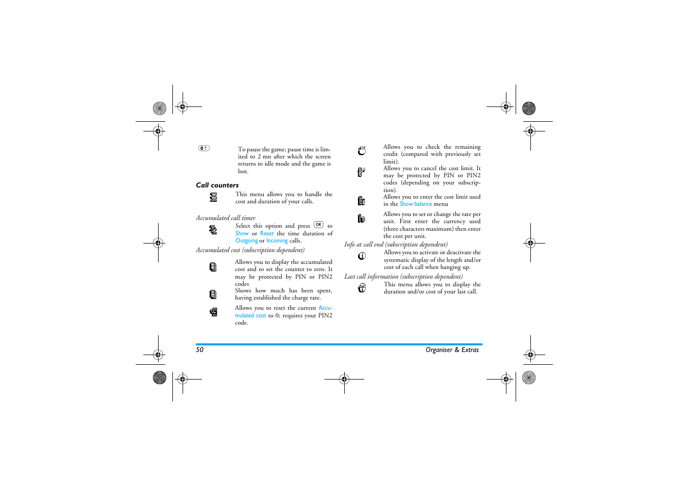 Call counters, Call counters p50 | Philips 330 User Manual | Page 52 / 79