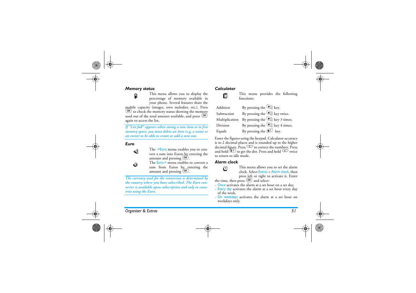 Memory status, Euro, Calculator | Alarm clock, Memory status euro calculator alarm clock, Euro p51, Memory status p51, Calculator p51, Alarm clock p51 | Philips 330 User Manual | Page 53 / 79